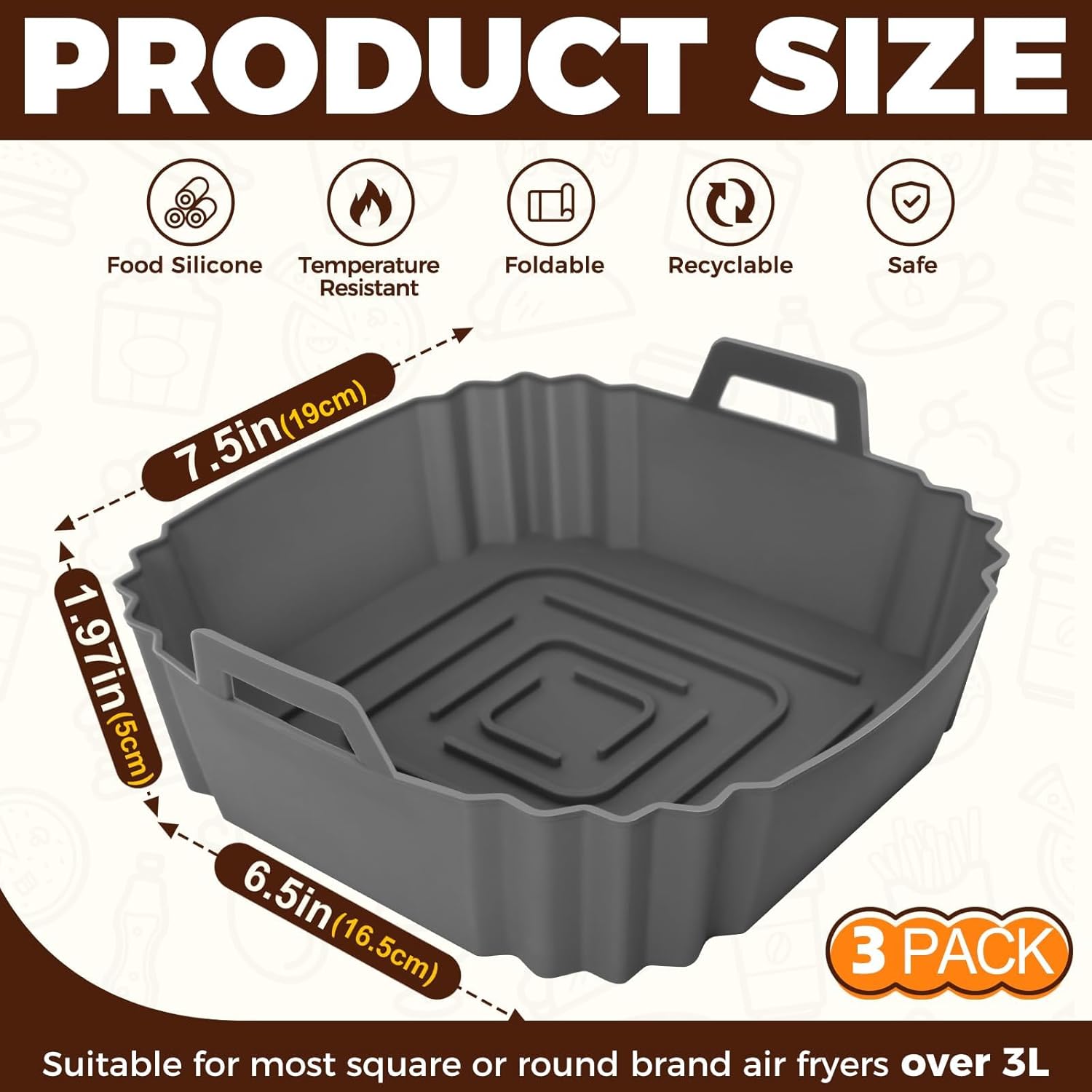 Accessoires friteuse air chaud - silicone - 3 pièces - réutilisable, compatible Ninja Cosori Tefal Moulinex