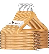 Collection de cintres en bois présentée sous plusieurs angles, avec un design incurvé et des attaches à crochets. Le texte indique « 20 pièces » sur l'un des cintres.