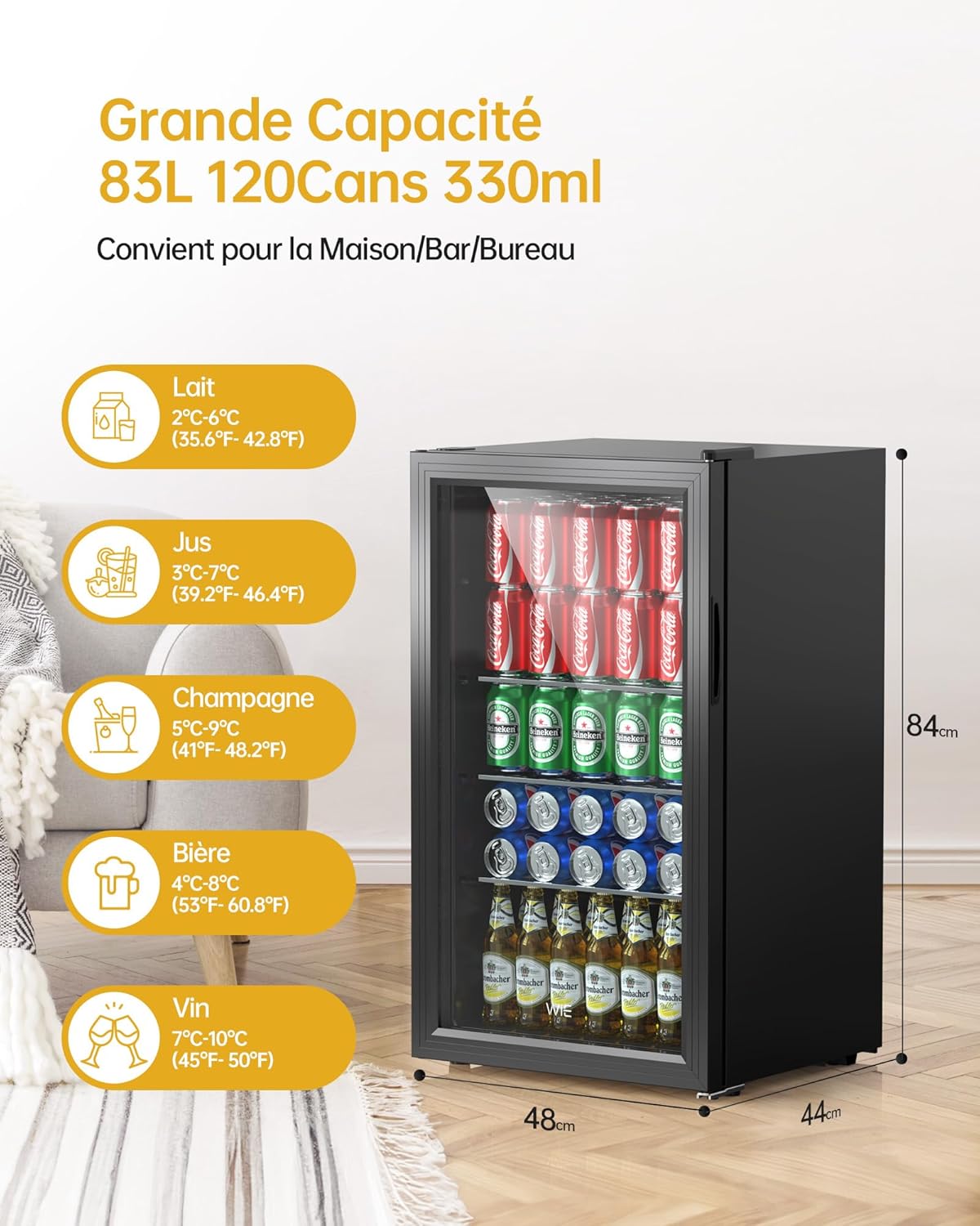 WIE - Réfrigérateur mini bar 83L, silencieux, 0-10°C, noir - WIE