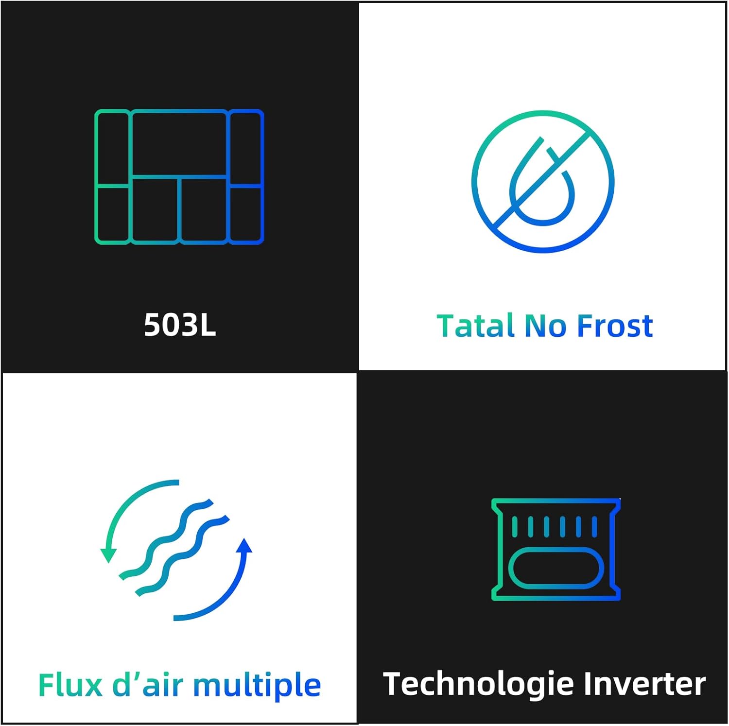 CHIQ - américain multi-portes 503L - Inverter, No Frost, tactile, 177,5x85,3x69,8cm - CCD503NEIBE