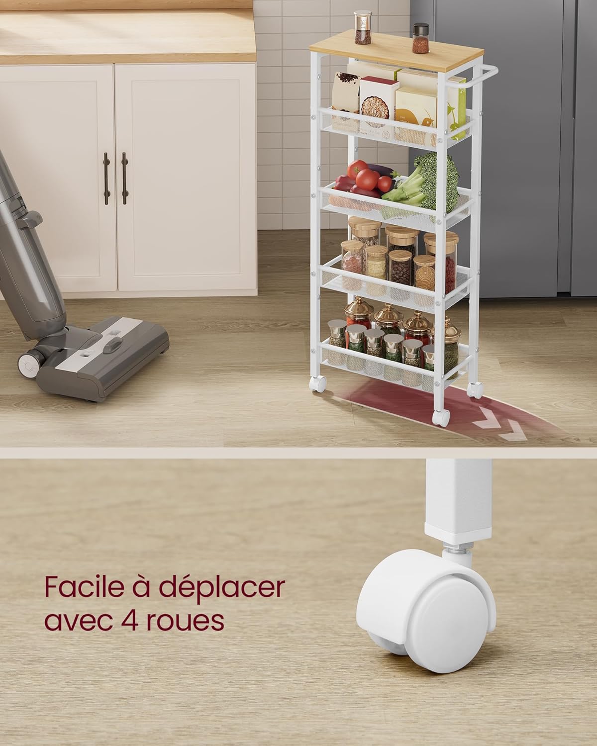 VASAGLE - desserte 5 niveaux - 22x45,4x99,6cm - acier, roulettes, poignée, compact - LRC035W09