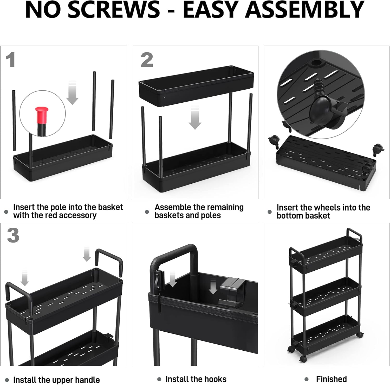 SOLEJAZZ - Chariot de rangement 3 étagères plastique, noir, mobile, compact - SOLEJAZZ