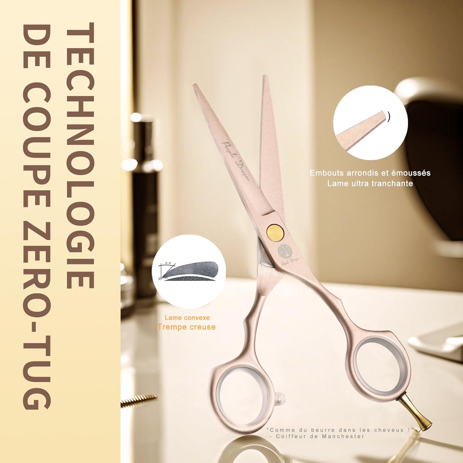 Kit de Ciseaux de Coiffure - 5,5 pouces - inox, peigne acier, or rose, pour cheveux, frange, barbe