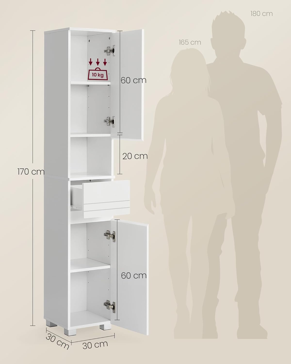 VASAGLE - armoire de salle de bain - 30x30x170 cm - tiroir, étagères réglables, compartiments - BBC560P31