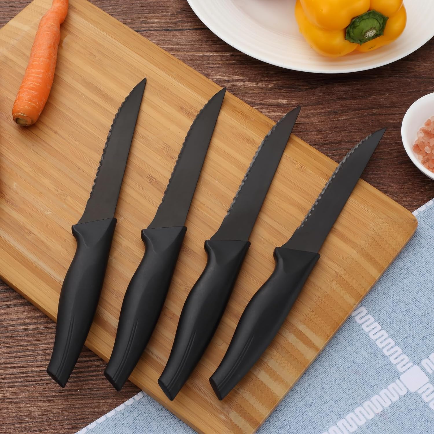 Couteaux à steak - inoxydables, lot de 8, manche noir, lave-vaisselle