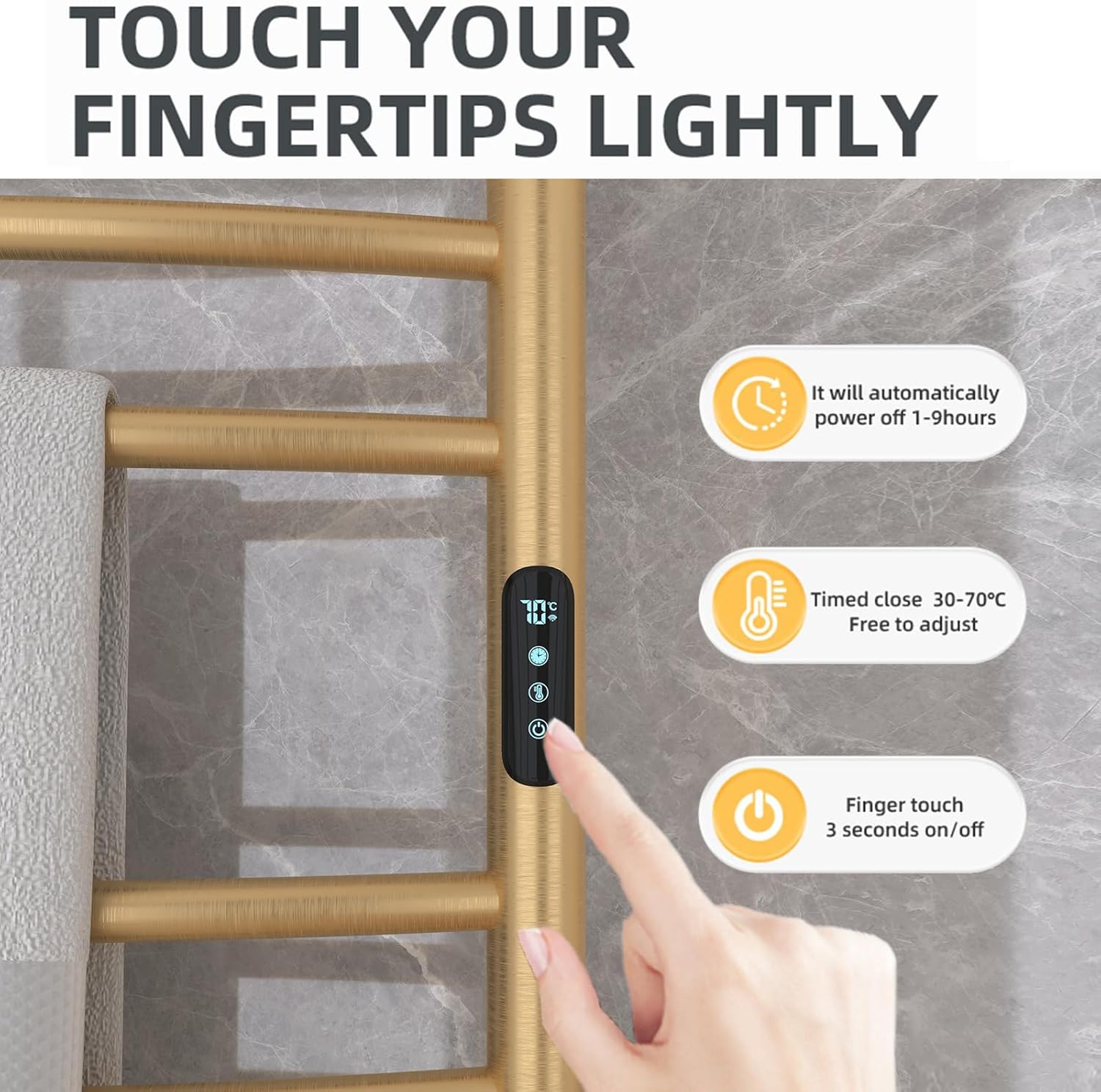 Sèche-serviette mural électrique, 10 barres, 135W, 450x720mm, WiFi, minuterie, or brossé