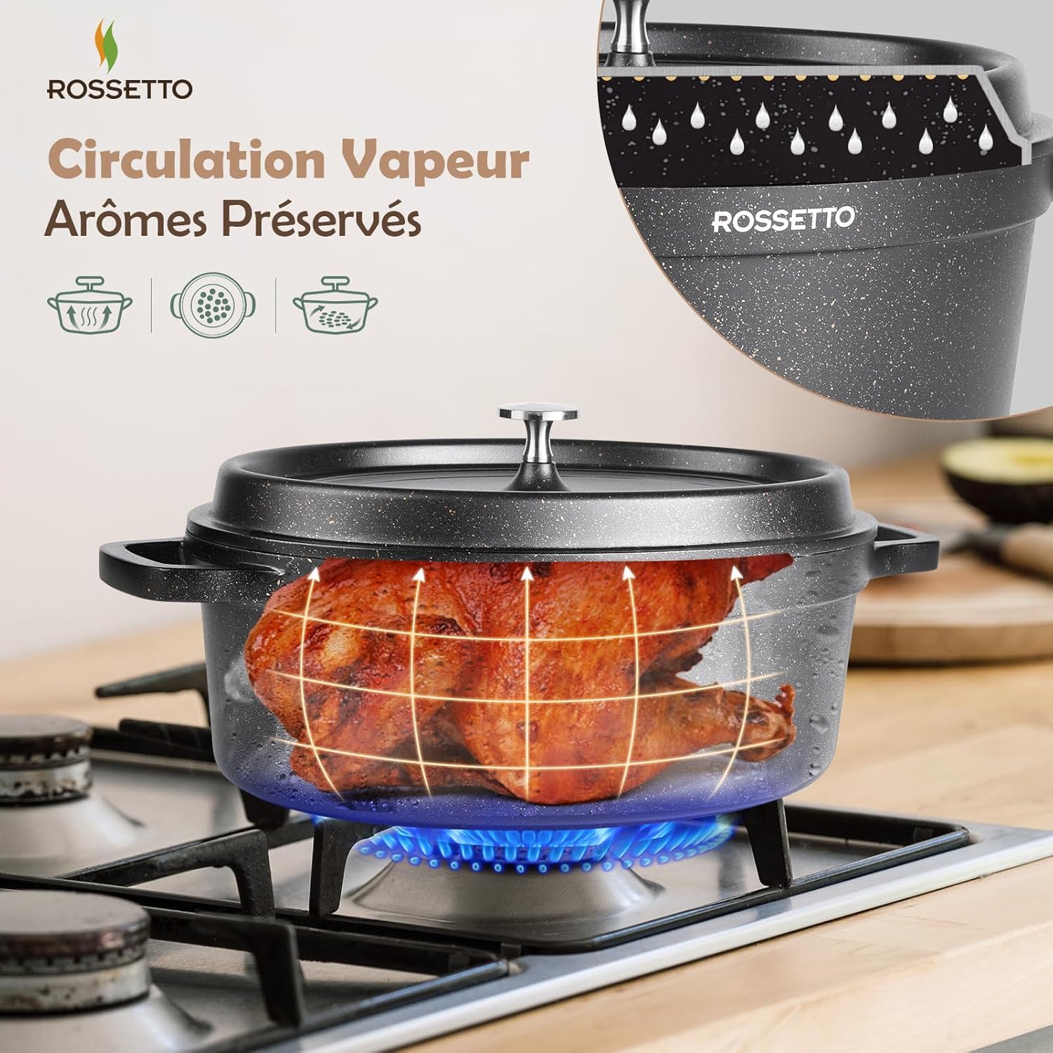 Rossetto - Cocotte en fonte aluminium 38cm - 10,6L, antiadhérent, induction et four, couvercle picots saveurs