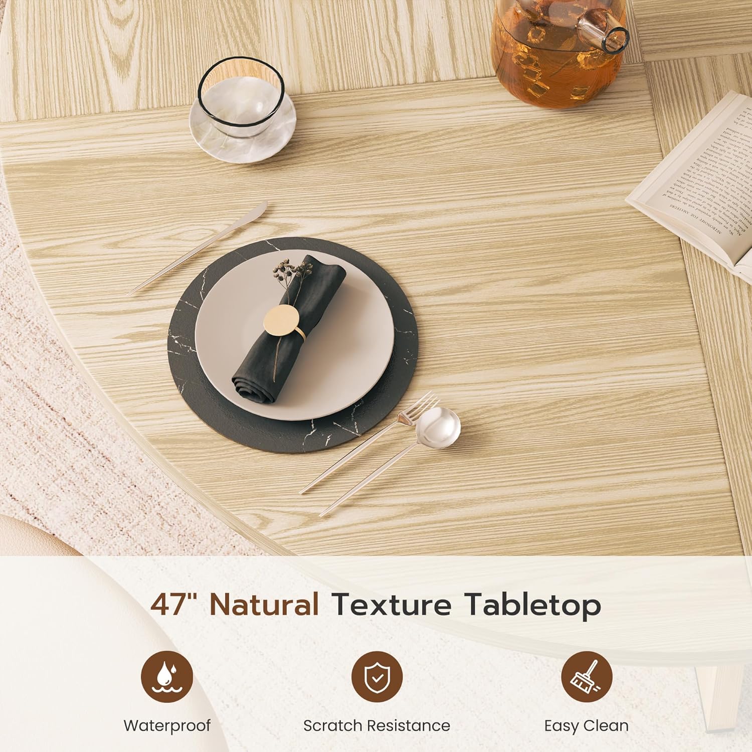 YOUDENOVA - Table rétro 120 cm, bois rond, 4-6 personnes, salle à manger