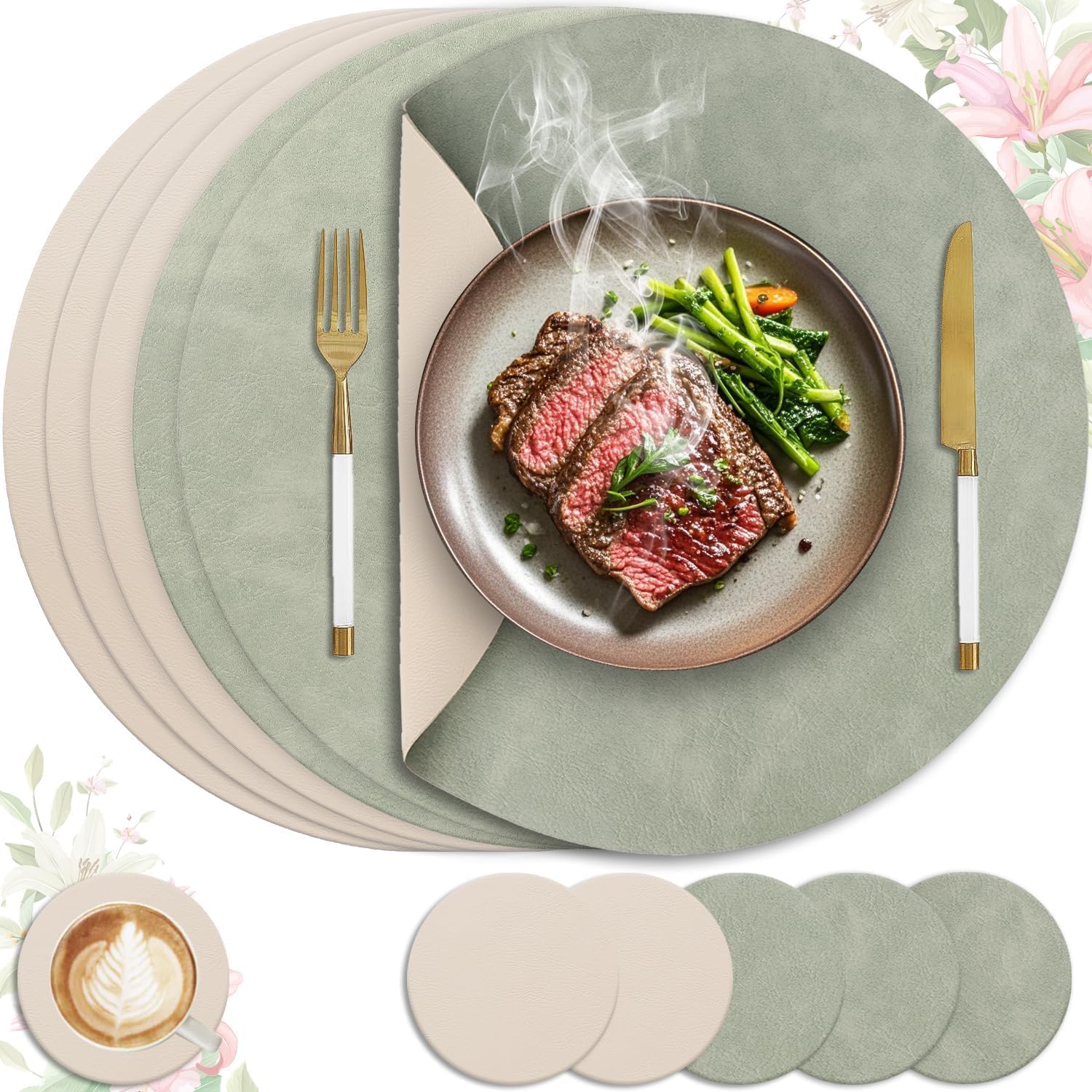 Set de table - lot 6 rond double face 36x36cm lavable antidérapant