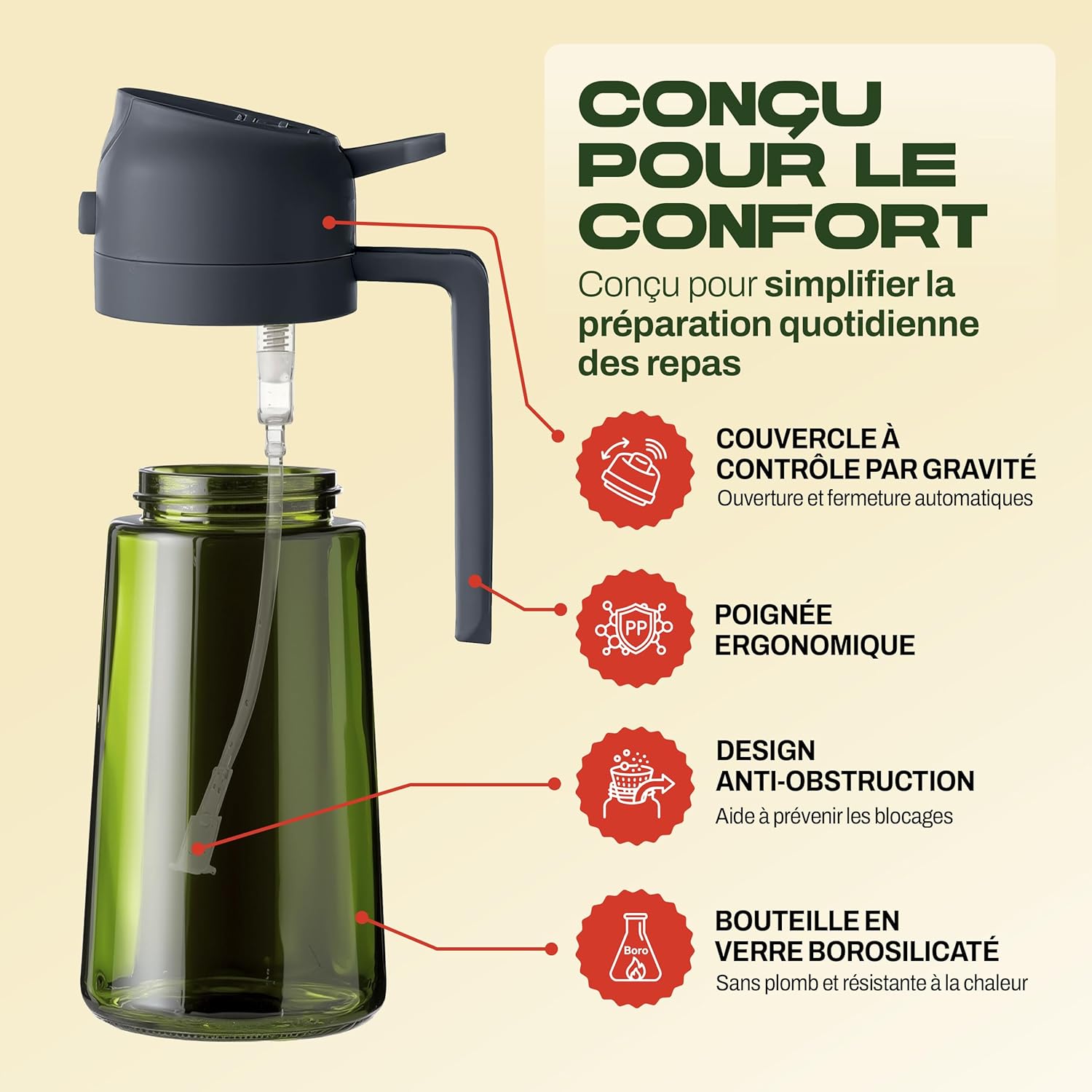 PORTENTUM - spray huile cuisine 2 en 1 - 470ml - verre vert, protection lumière