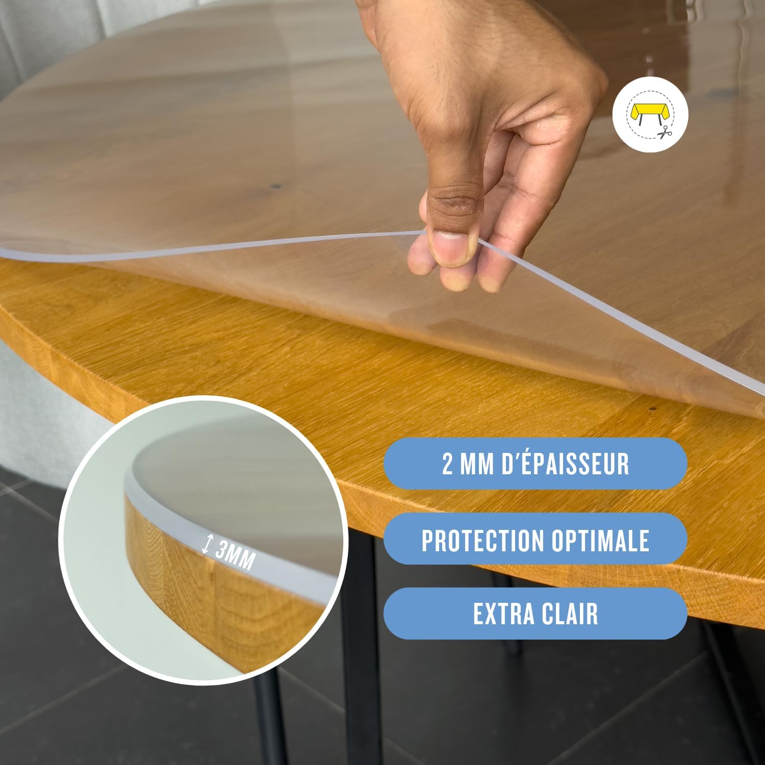 Nappe transparente ronde 115 cm, 3mm, anti-tache, lavable