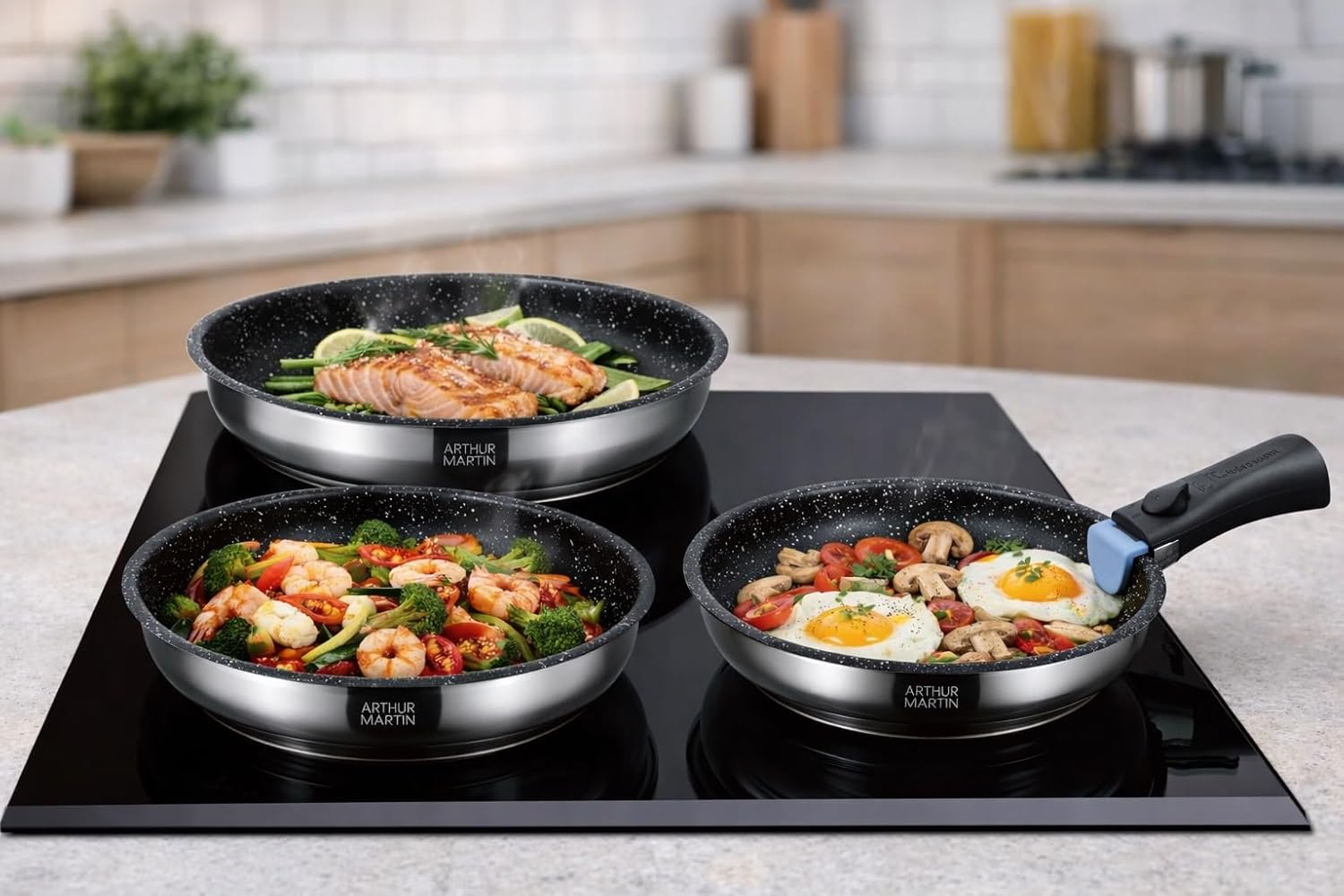 Arthur Martin - set 3 poêles inox poignée amovible induction - AM9728