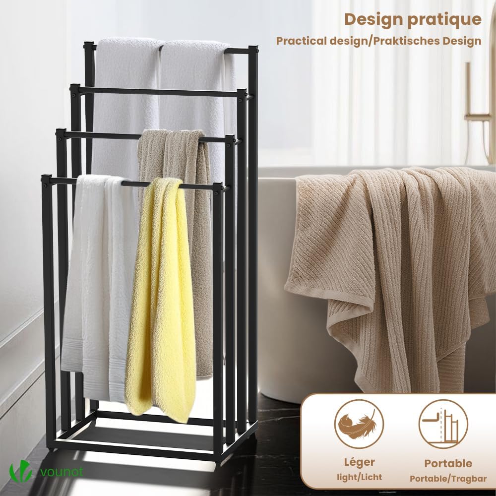 VOUNOT - porte-serviettes sur pied - 4 niveaux - métal noir stable