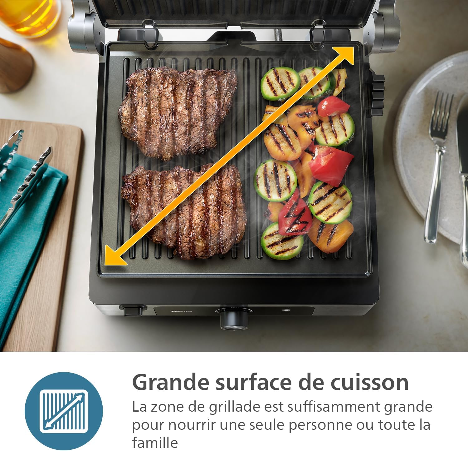 Philips - Grill de contact - surface XL, température réglable, plaques amovibles, HD6301/90