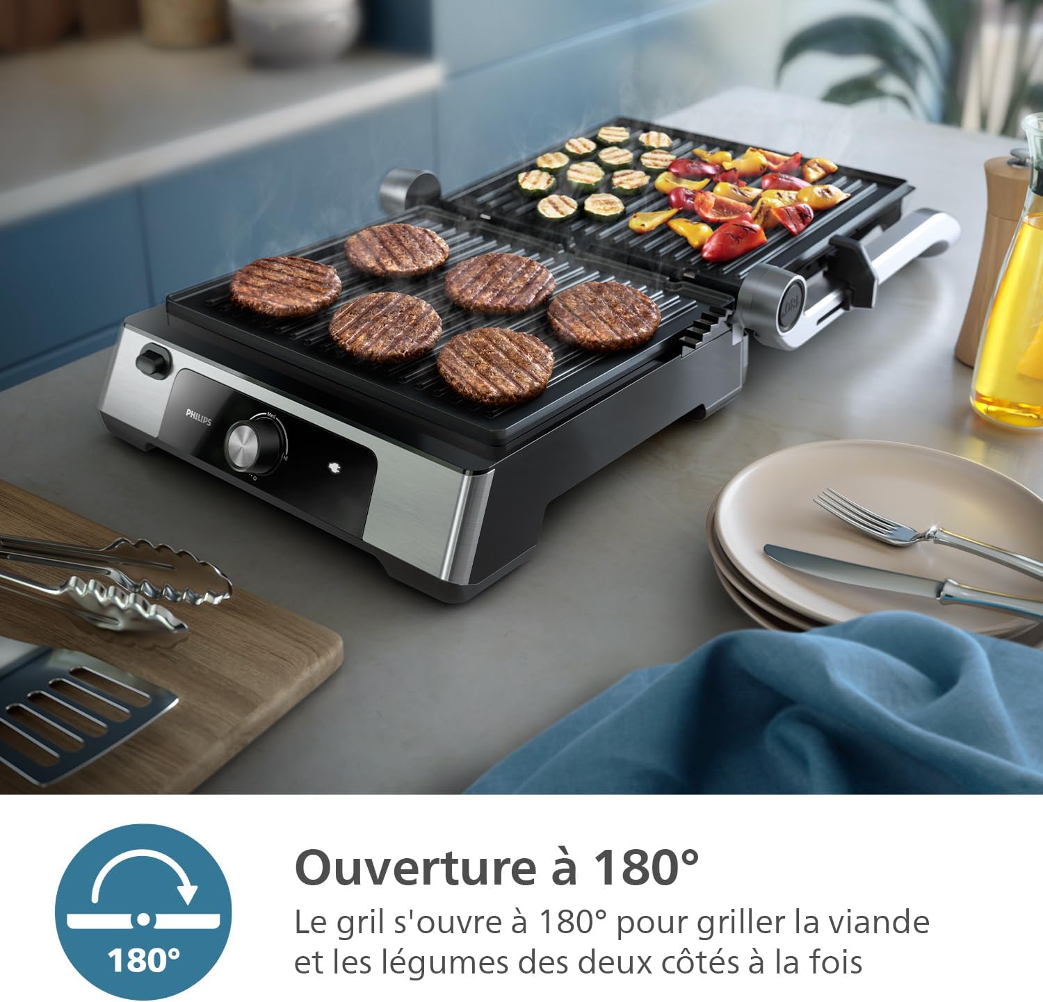 Philips - Grill de contact - surface XL, température réglable, plaques amovibles, HD6301/90