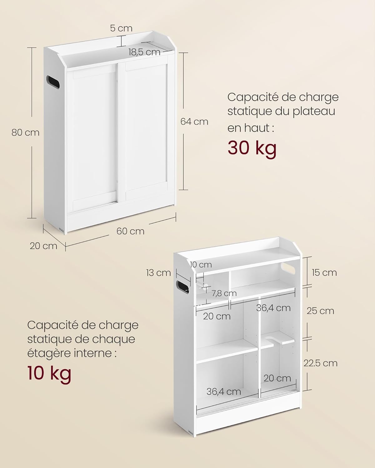 VASAGLE - meuble WC blanc série rangement, 20x60x80 cm, portes coulissantes, étagères ajustables, BBC752W01