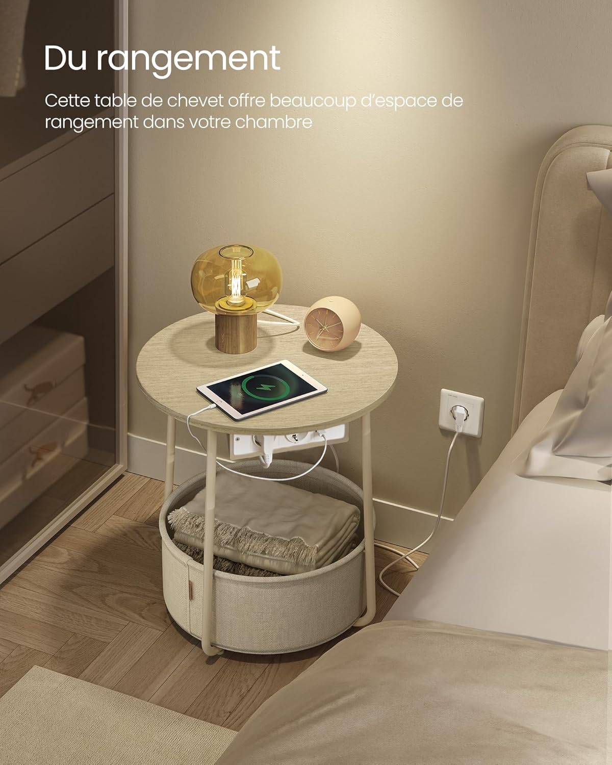 VASAGLE - Let228LL01 - table basse ronde, panier tissu, multiprise, design moderne, 50x45 cm