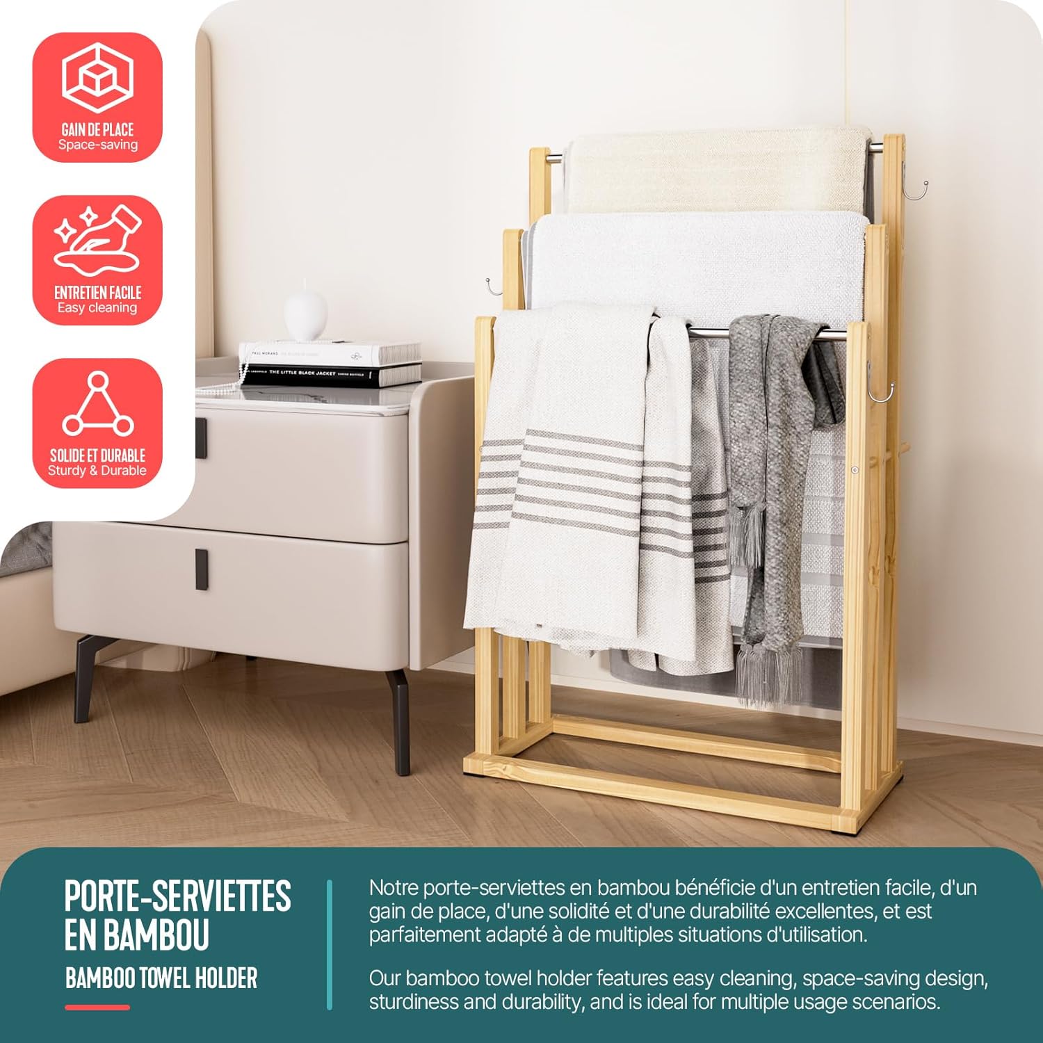 VOUNOT - porte-serviettes autoportant bambou 3 niveaux, crochets, stable