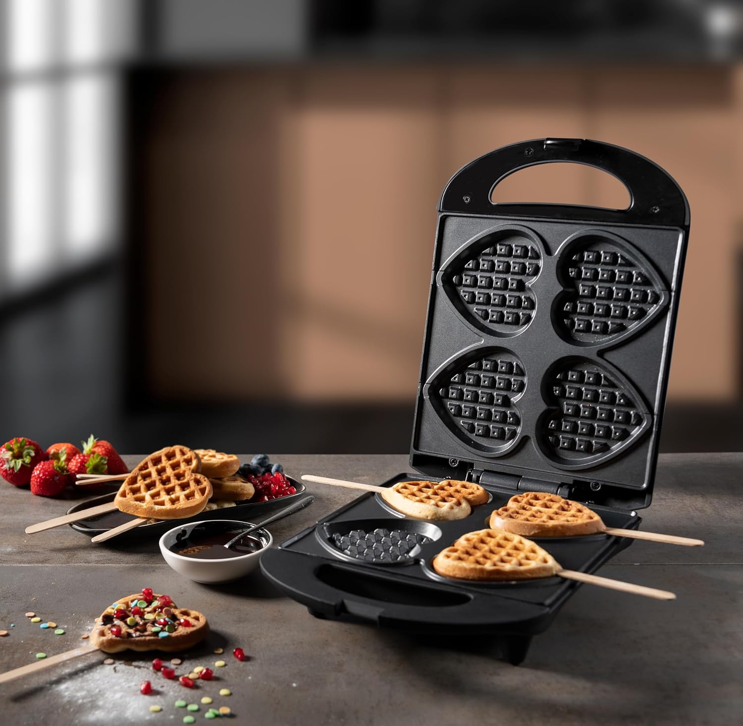 Bestron - Gaufrier rétro, 700W, antiadhésif, forme cœur, noir mat