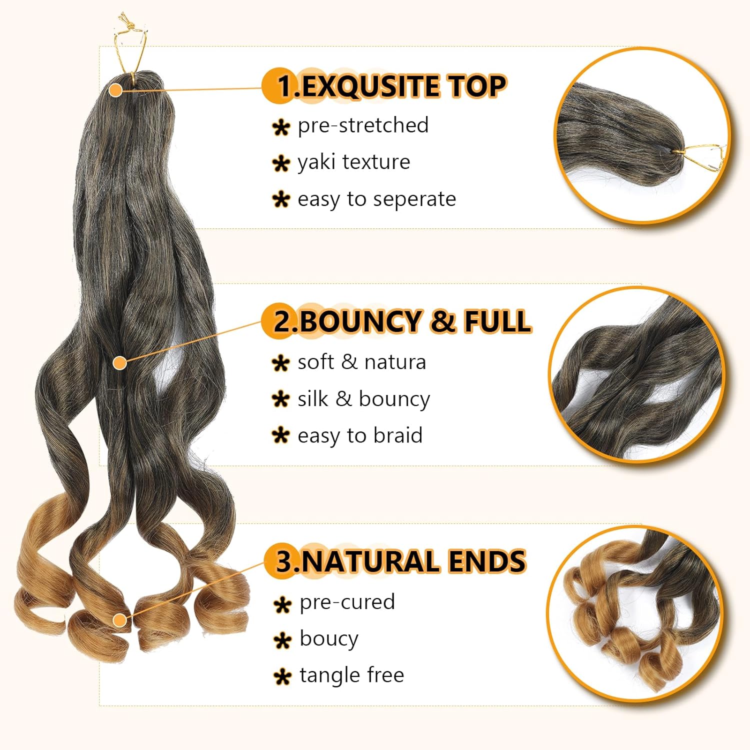 French Curl Braids - rajout cheveux tresses 56cm - 8 paquets, boucles wavy, 1B/27