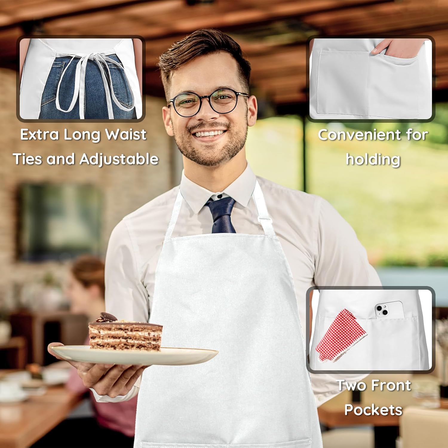 atopo - tablier chef réglable, 2 poches, étanche, blanc, lot de 4