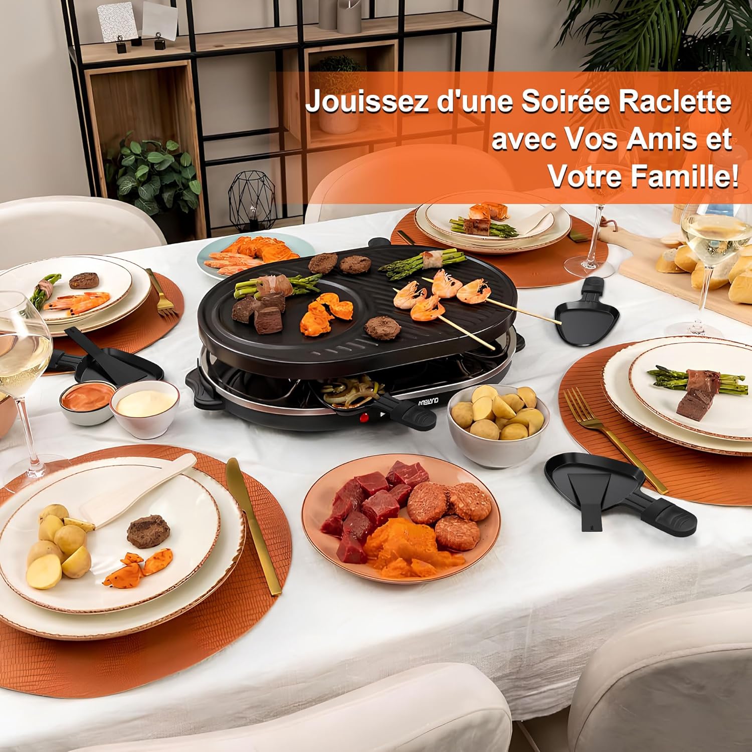 Poêlon raclette triangulaire - 8 coupelles, anti-adhésif, poignées isolantes, spatules nylon, passe au lave-vaisselle