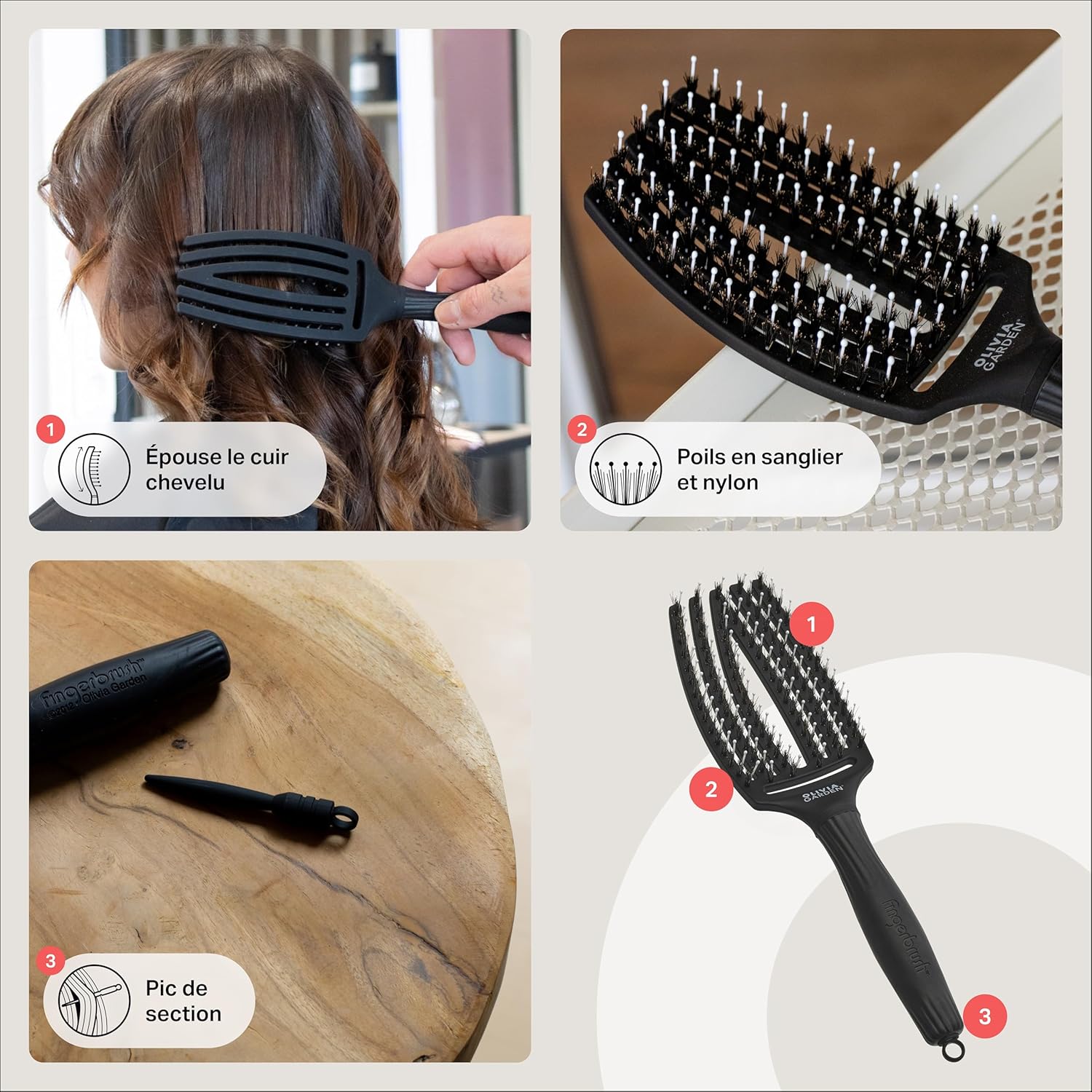 Olivia Garden - Fingerbrush Care Iconic - brosse démêlante sanglier & nylon - brillance et coiffage lisse