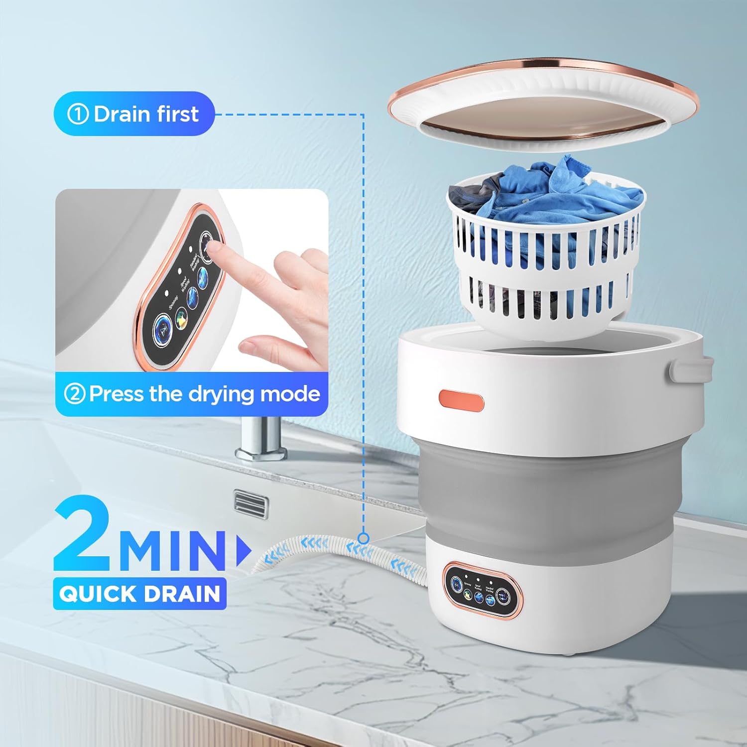 Mini machine à laver - 13L - portable, essoreuse, 3 modes, tuyau drainage