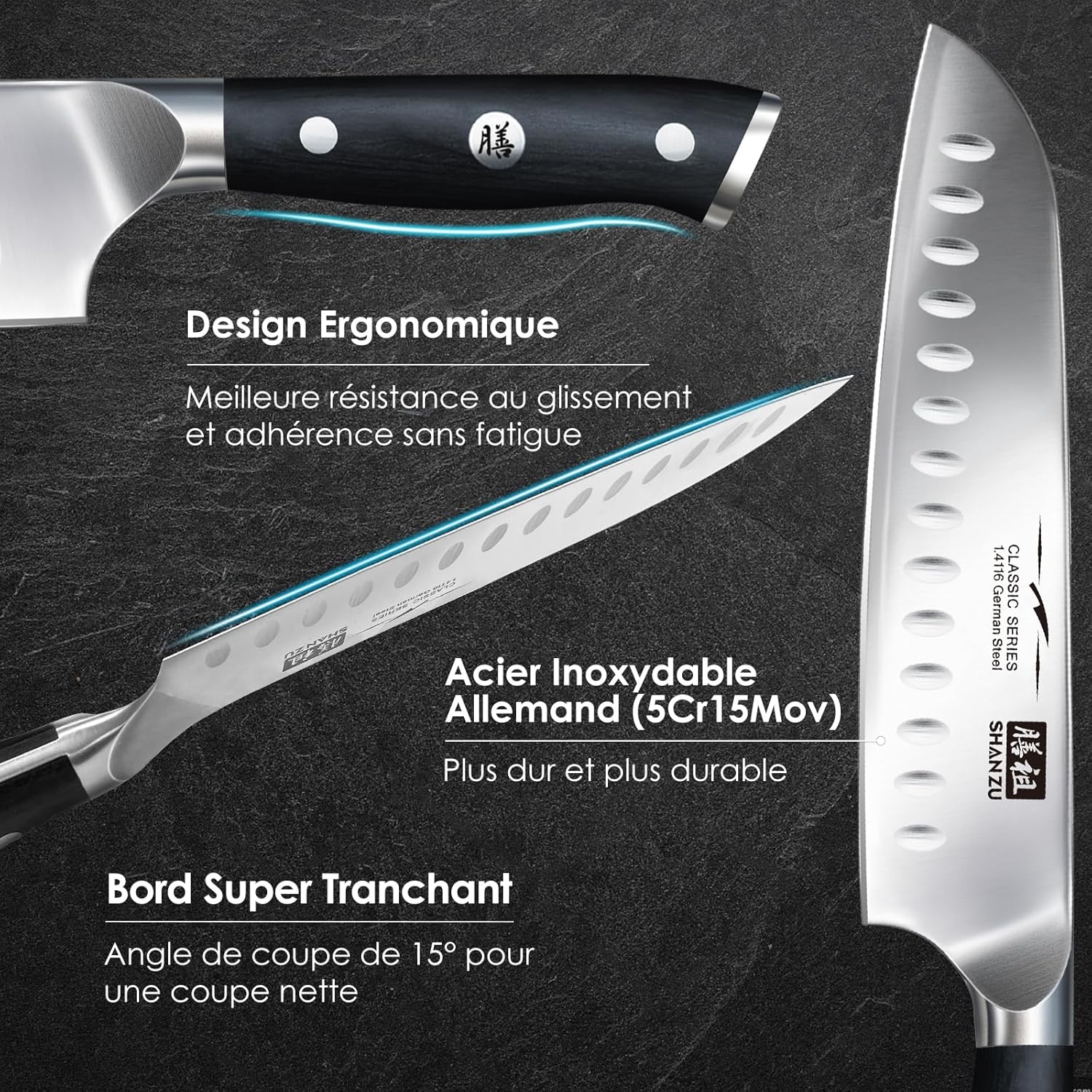 SHAN ZU - Santoku professionnel - 18cm - acier inox, manche bois