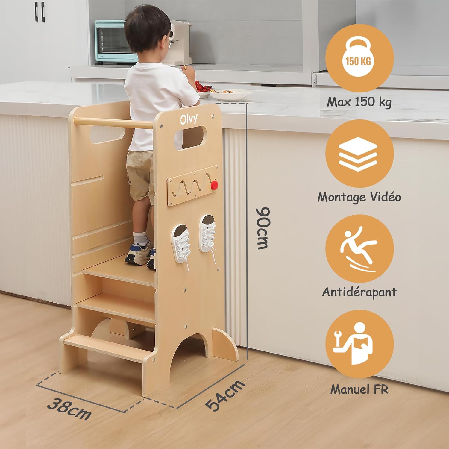 Olvy Kids - Tour d'apprentissage 4 en 1 - bois, 4 marches, dès 1 an