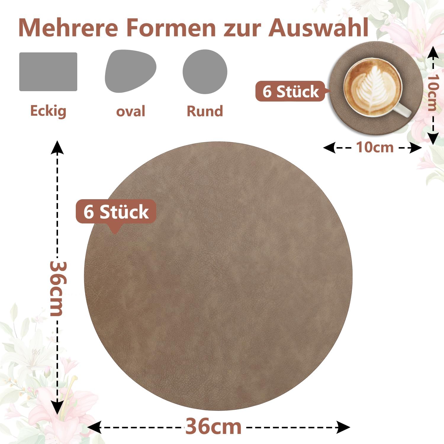 Set de table - lot de 6 double face PU, antidérapants 36x36cm, marron