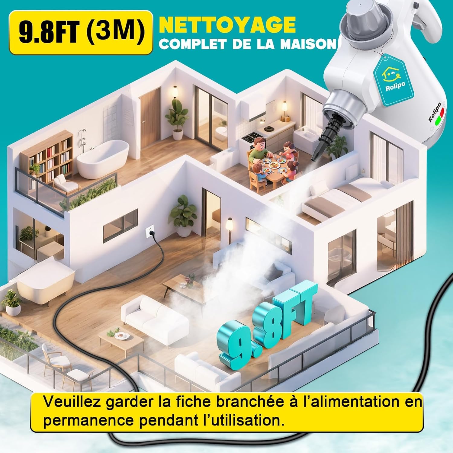 Nettoyeur Vapeur Portatif - 1050W - compact - nettoyage haute température, désinfection sans chimie