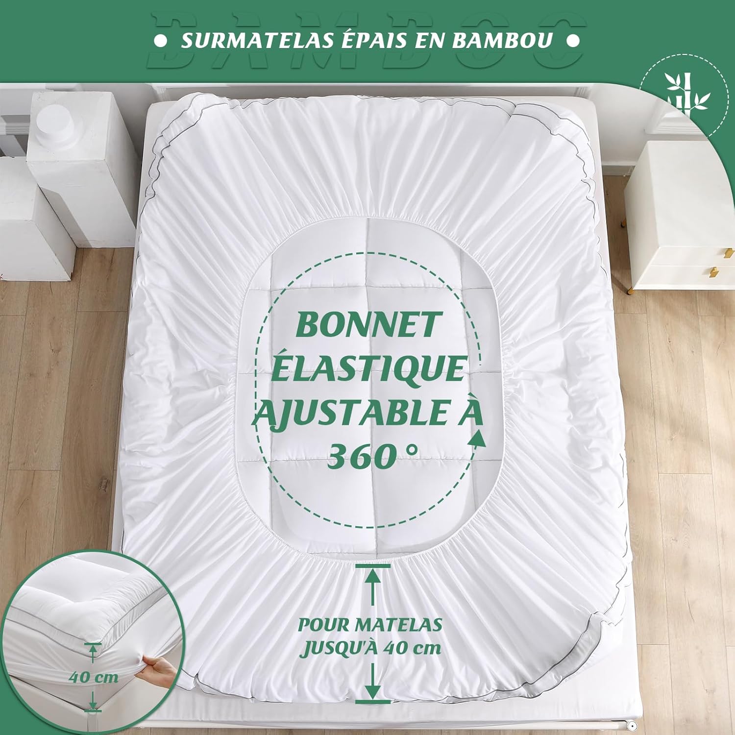 GRT - Surmatelas Bambou 6 cm - 150x200 cm - Ultra doux et respirant