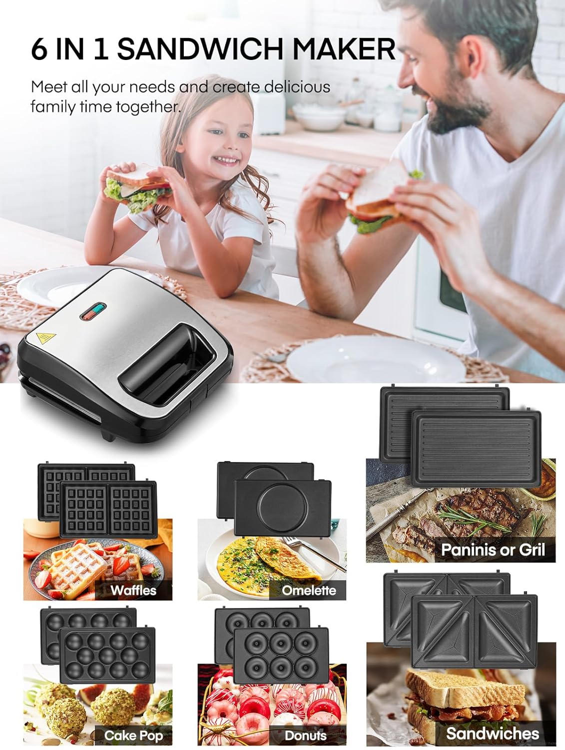 Gaufrier multifonction 6 en 1 - 750W, 6 plaques, thermost. auto, double face