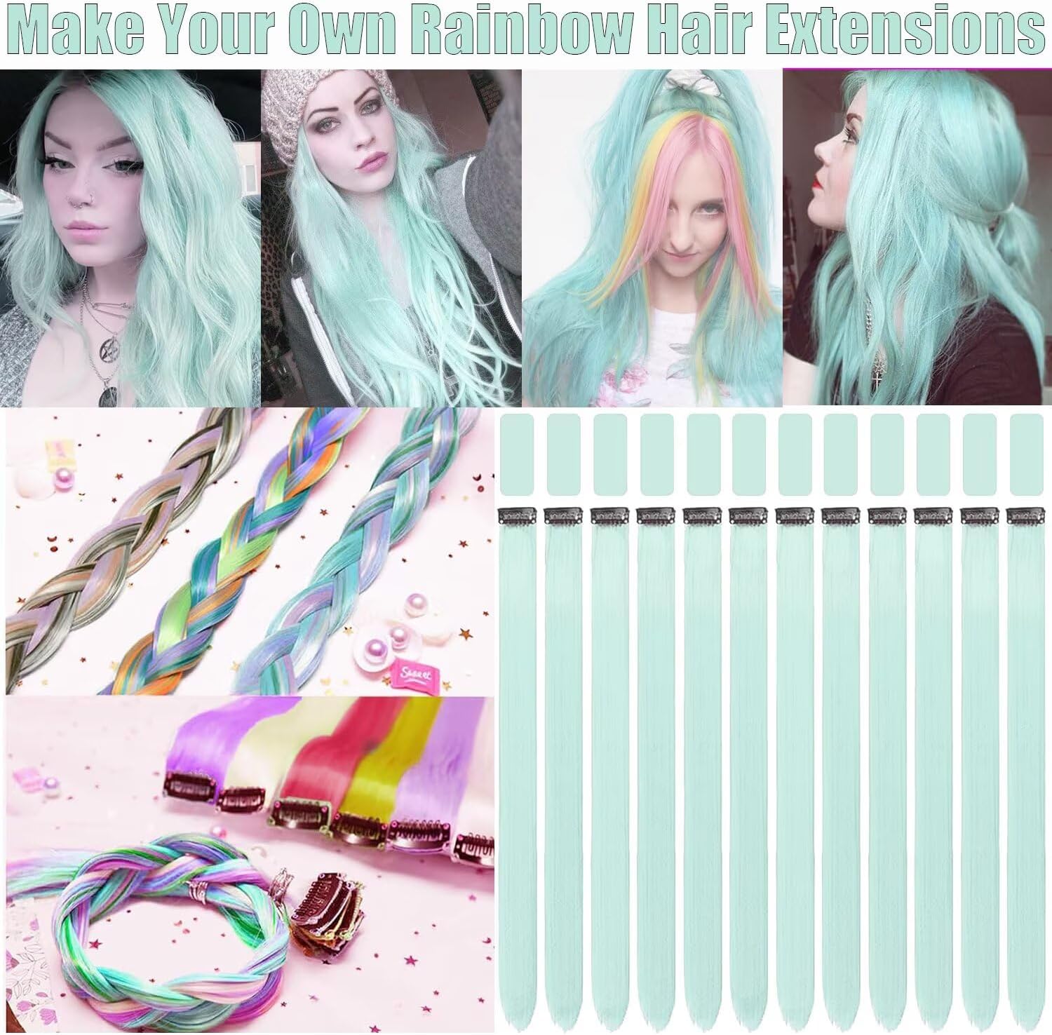 Mèches de cheveux à clipser - Lot de 12 - 55 cm - Vert canard, extensions pour tresses