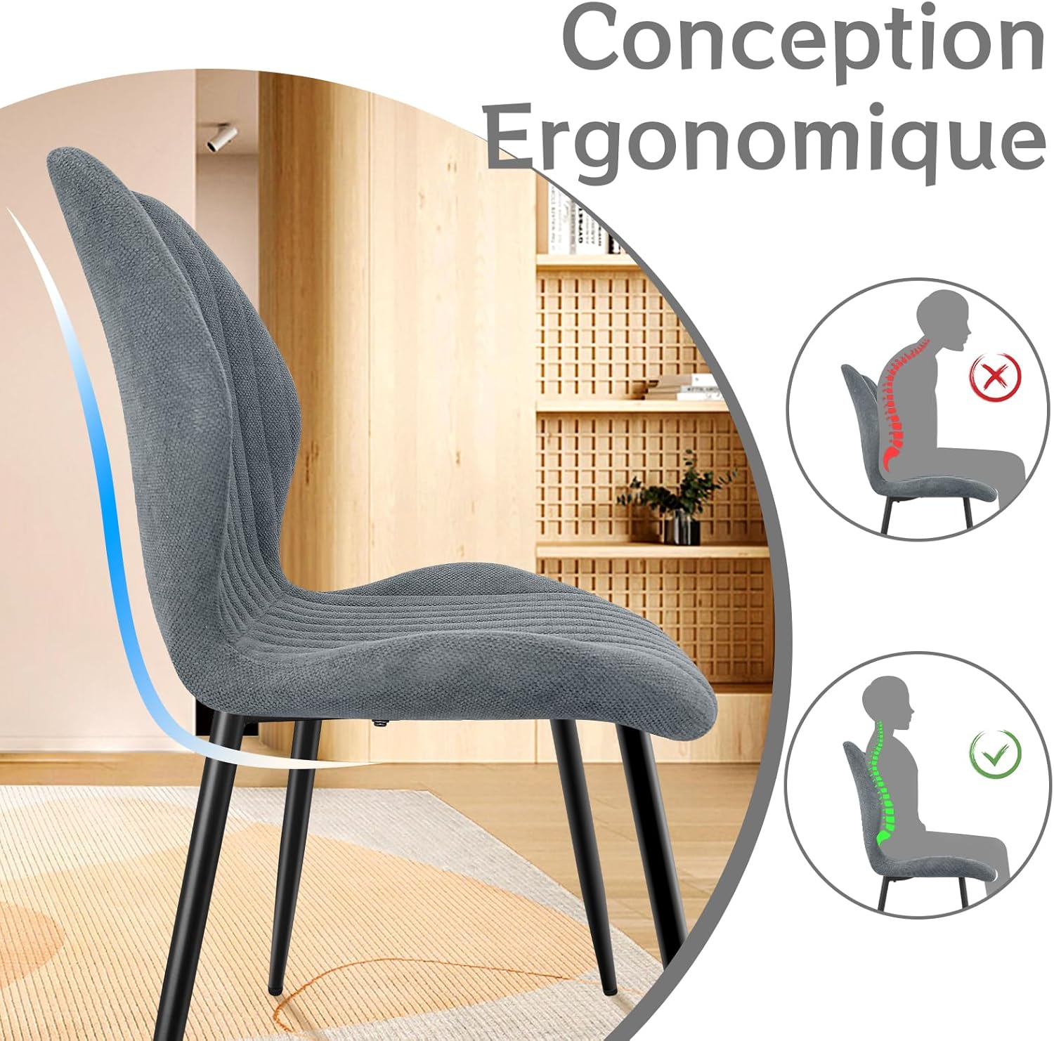 Chaises de salle à manger - ensemble 6 pcs - tissu gris, pieds métal, dossier confortable