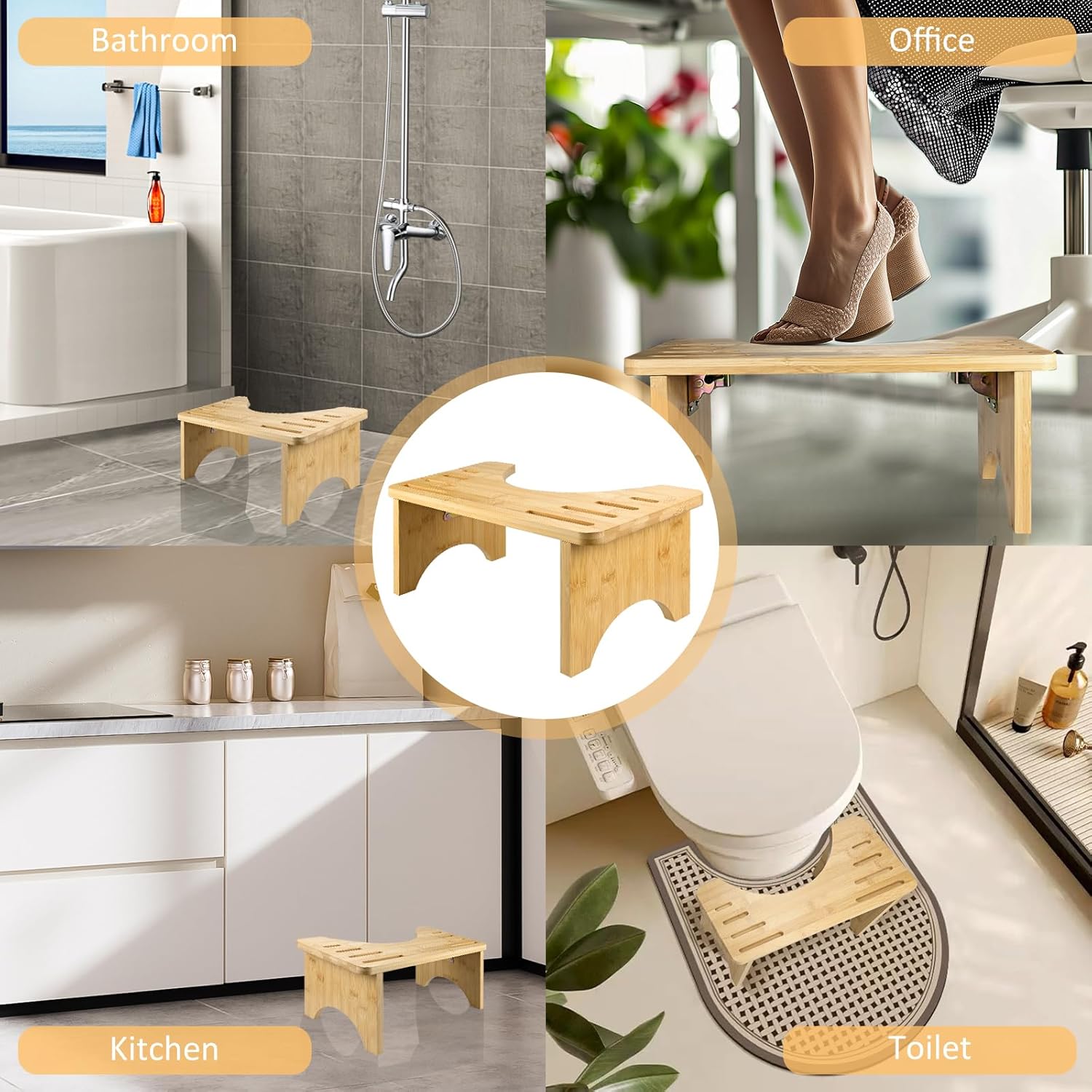 Tabouret de toilette bambou - pliable, ergonomique, portable - confort intestinal