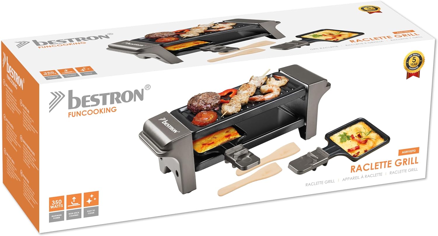Bestron - Mini raclette/grill 350W - 2 poêlons, antiadhésif, compact
