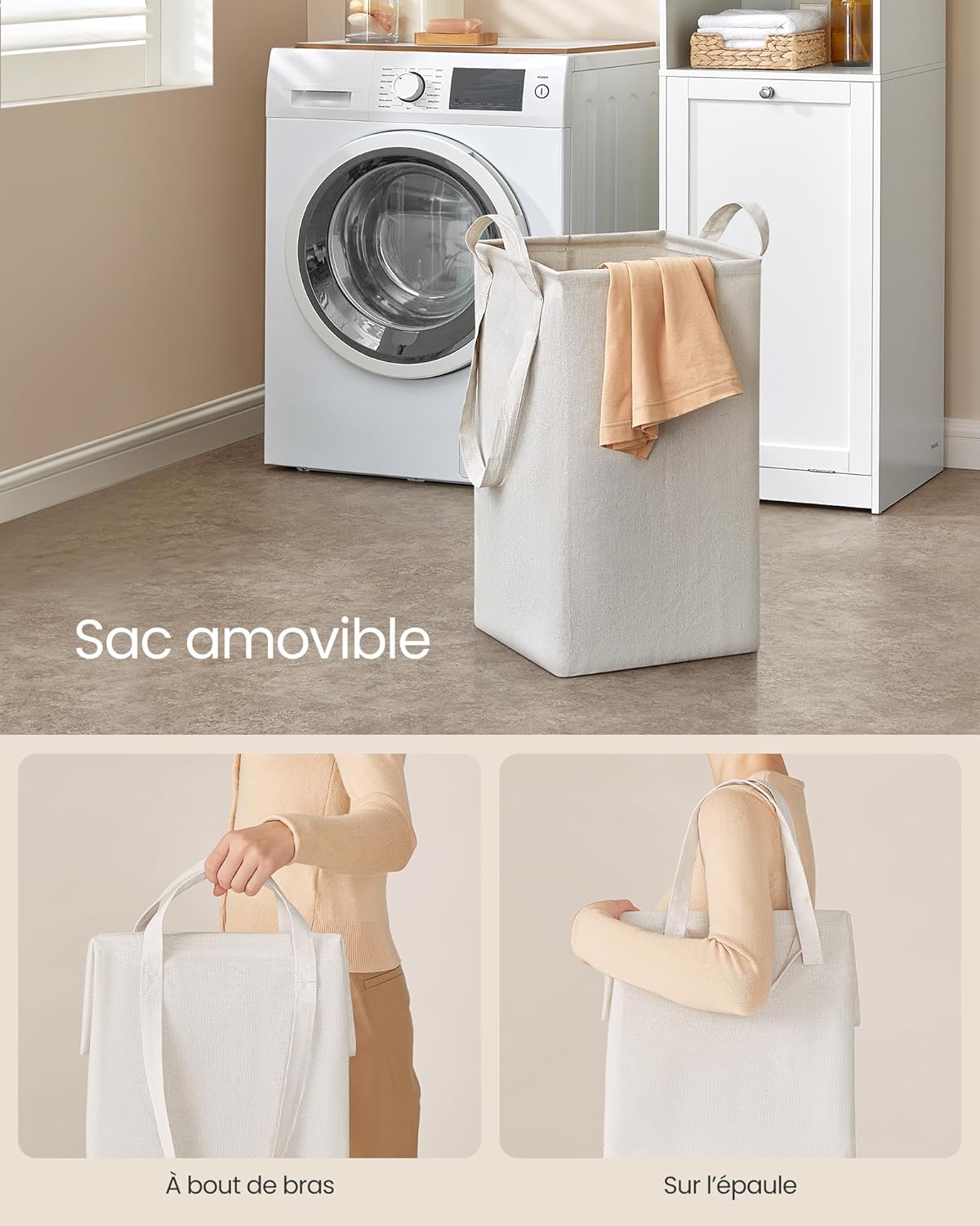 VASAGLE - meuble salle de bain haut - 40x40x170 cm - panier linge, sac amovible, porte, blanc - BBC761W01