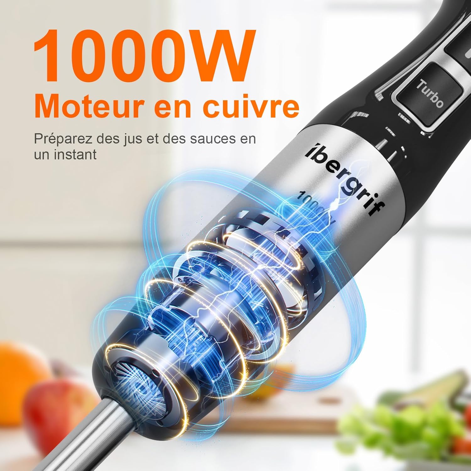 Ibergrif - Mixeur plongeant 4-en-1 acier inox, 1000W, turbo, réglage vitesse