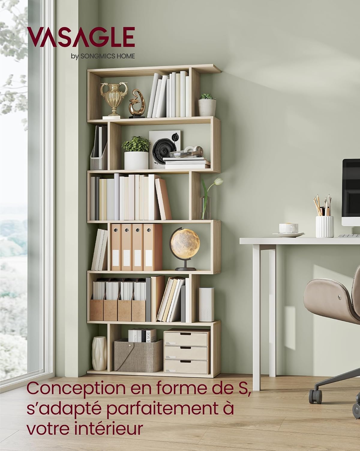VASAGLE - bibliothèque 6 niveaux - 24x70x191,6cm - rangement, séparateur, nature beige - LBC061L01