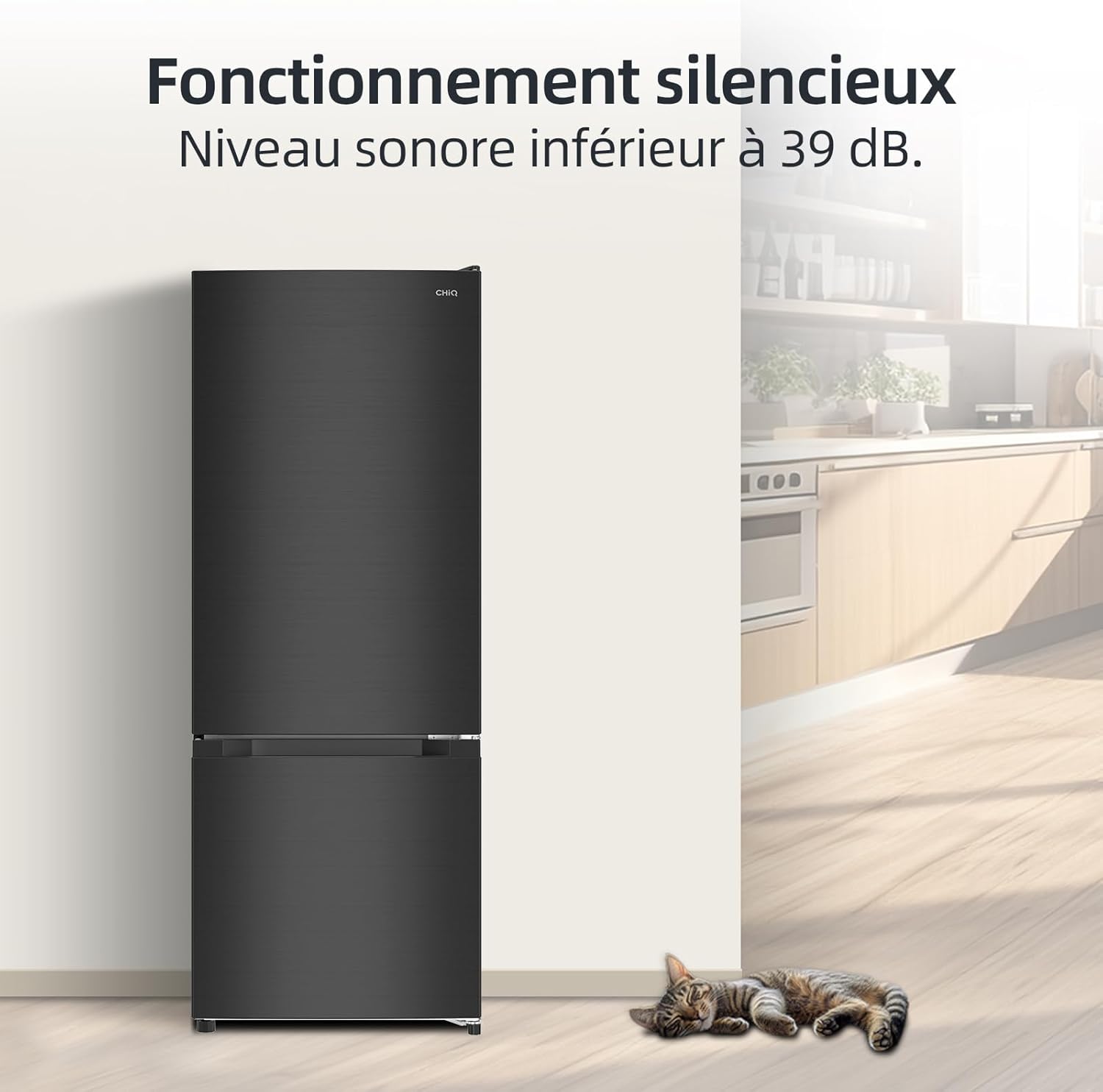 CHIQ - réfrigérateur congélateur 205L, classe E, acier noir, portes réversibles, FBM205L42