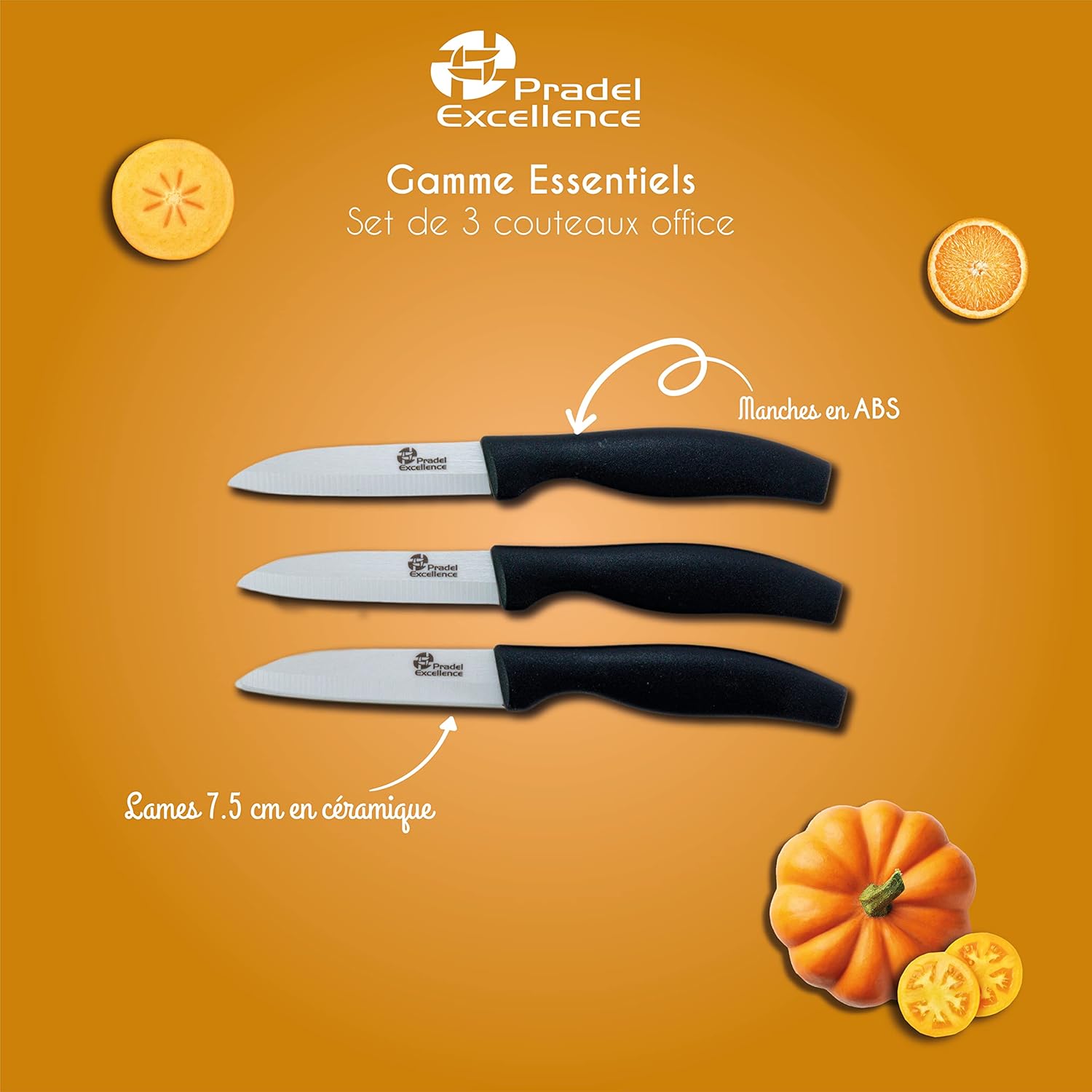 Pradel - Excellence Essentiels - 3 couteaux d'office céramique, design noir, coupe précise