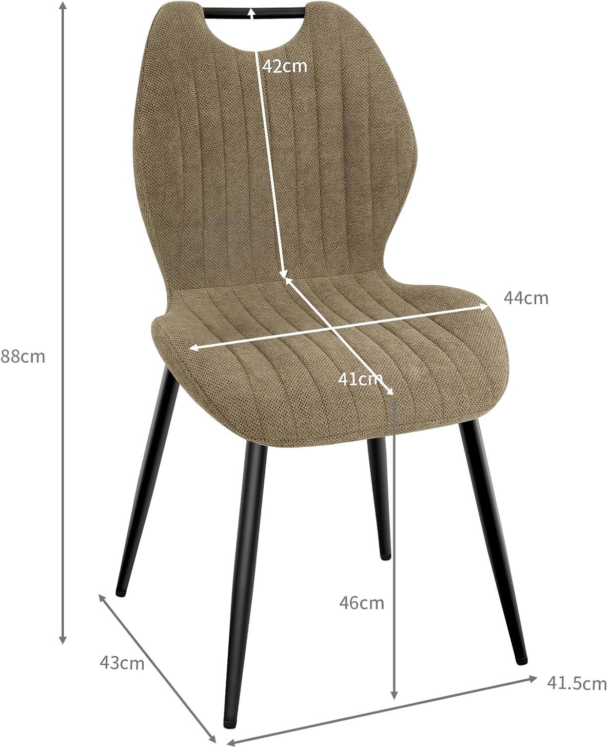 Chaises de salle à manger - tissu kaki, pieds métal, lot de 2, dossier confortable
