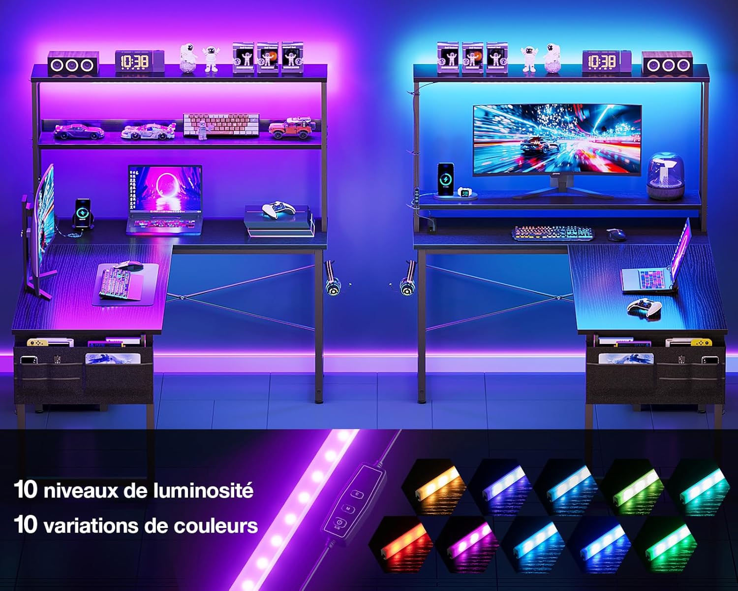 Coleshome - Bureau gaming LED réversible 135x100cm, étagères, rangement