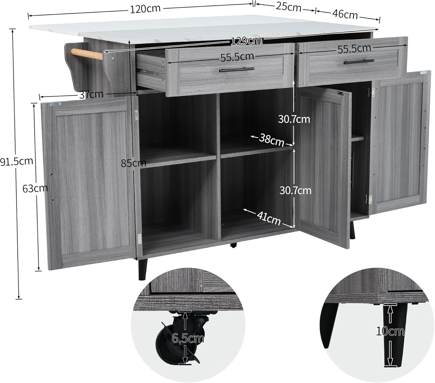 Desserte de Cuisine - plans rabattables, 2 tiroirs, 3 portes, 129x71x91,5 cm