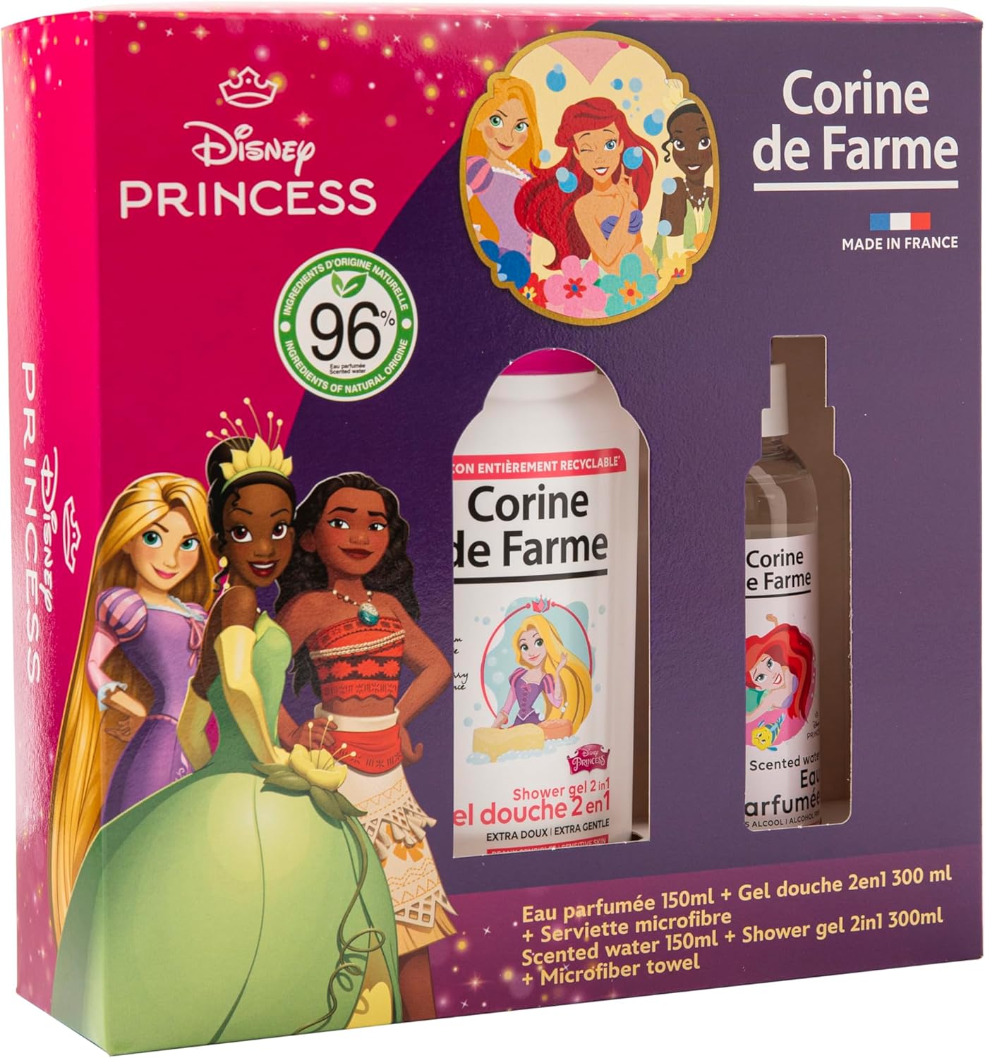 Corine de Farme - Coffret Princesses - 150ml/300ml - Eau parfumée et gel douche enfants, serviette microfibre, naturels
