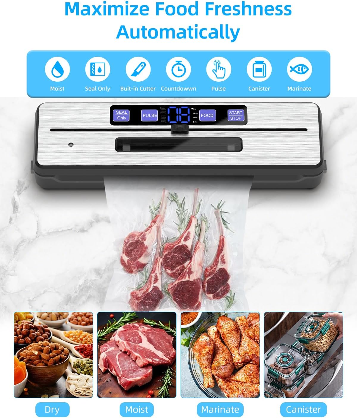 Machine sous vide alimentaire - 6 modes, bac amovible, double fil, lame coupe