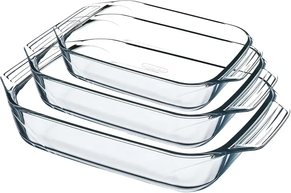 Pyrex - Lot de 3 plats à four rectangulaires - larges poignées, verre borosilicate, format familial