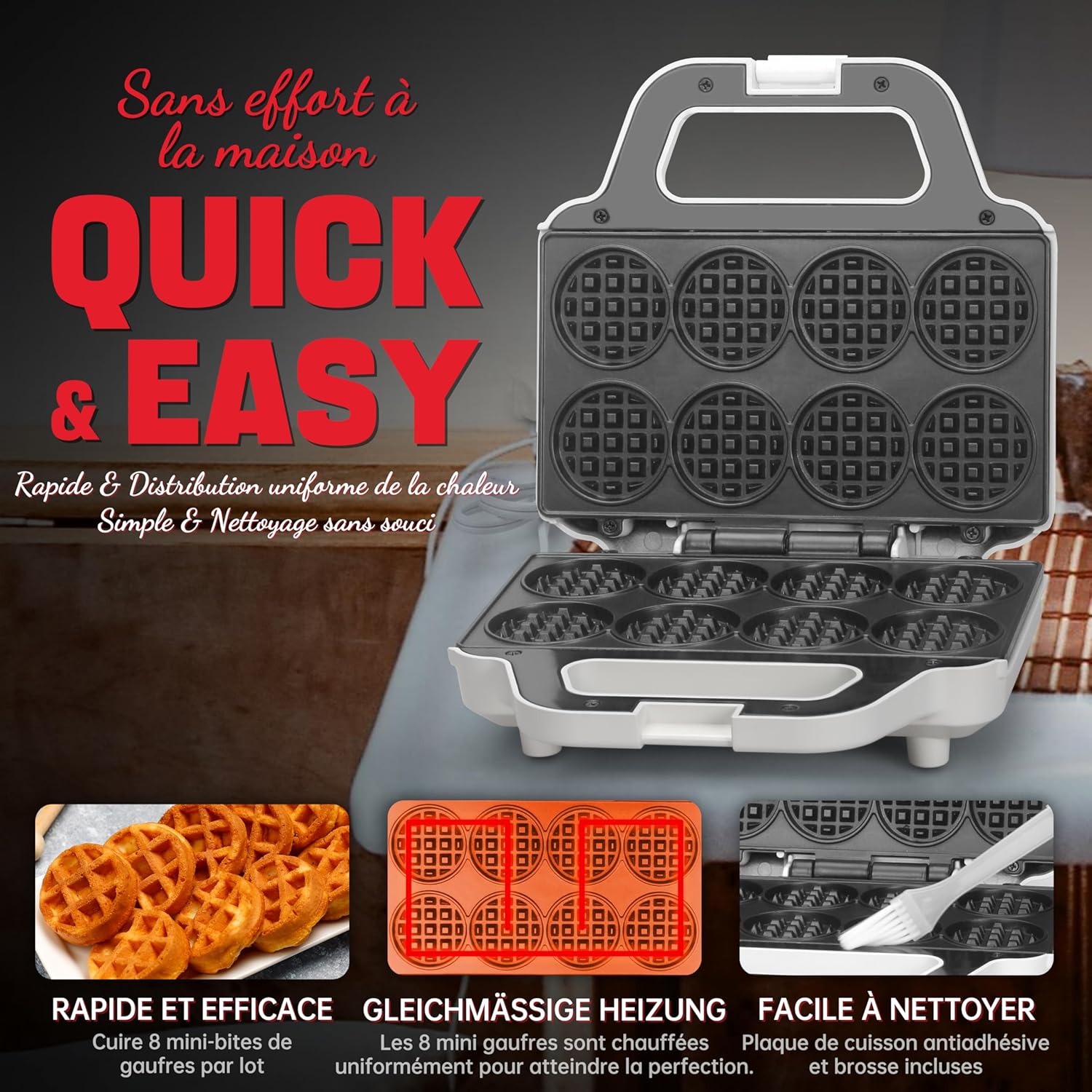 Mini gaufrier - 8x5cm - compact, antiadhésif, facile à utiliser, blanc